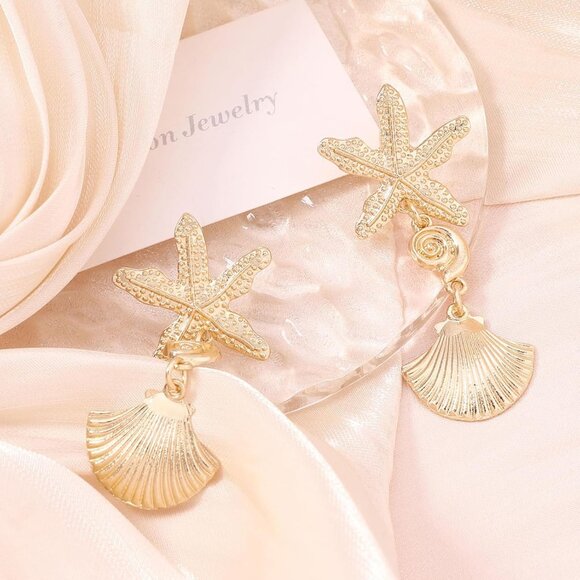 Gold Starfish Shell Dangle Earrings for Women - Beach Jewelry, Lightweight, Perf - Picture 5 of 7